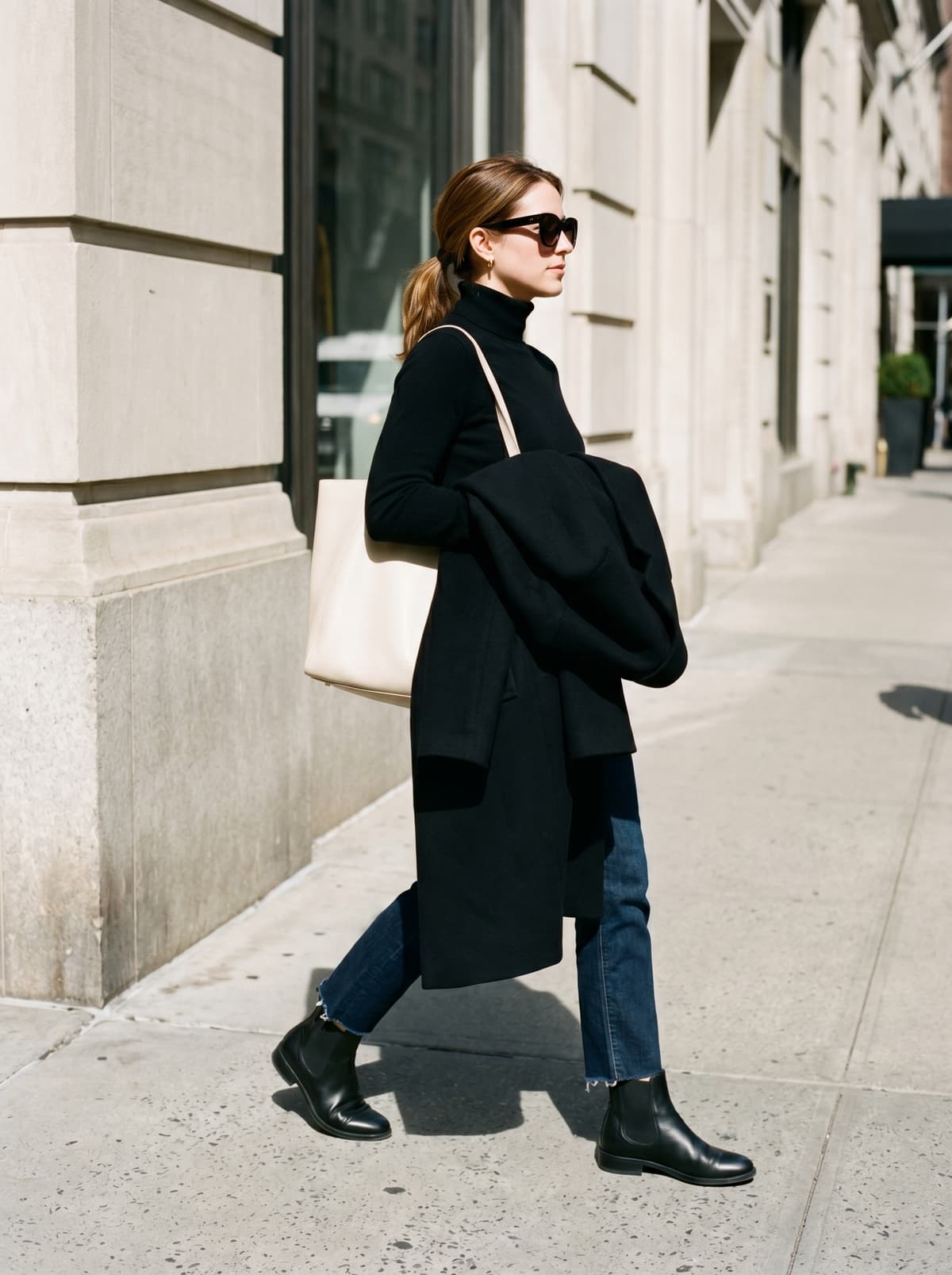 1pm — coat draped, sunny